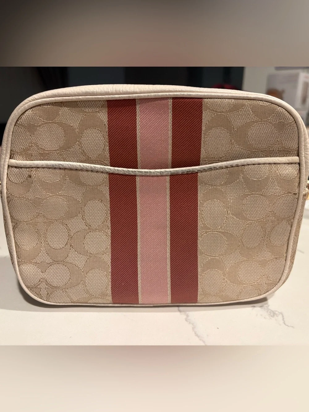 Coach Beige Signature Canvas Crossbody with Pink Leather Patch and Rose Stripe